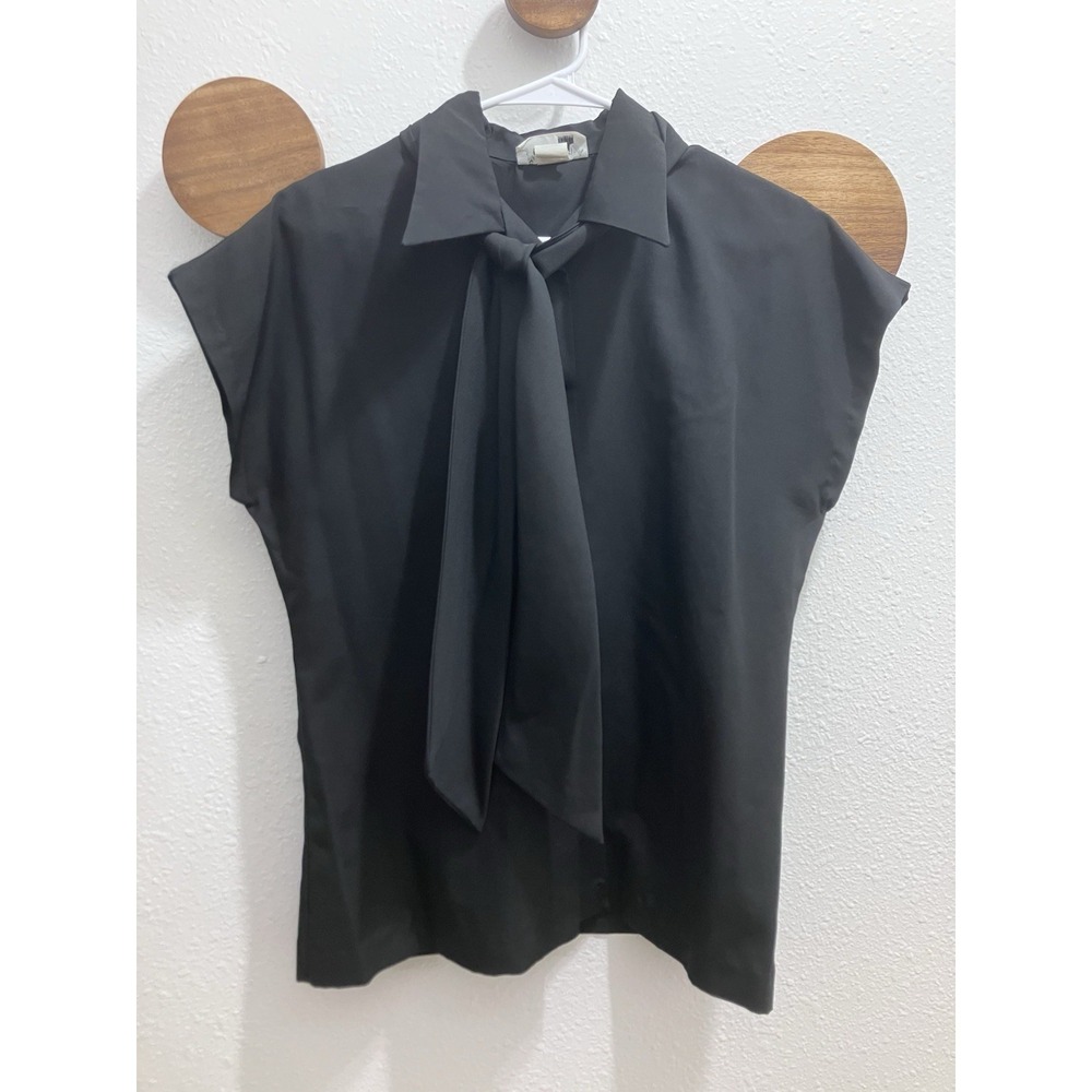 Vintage Jo Hardin Dallas Black Cap Sleeve Button Up Blouse With Neck Tie Office